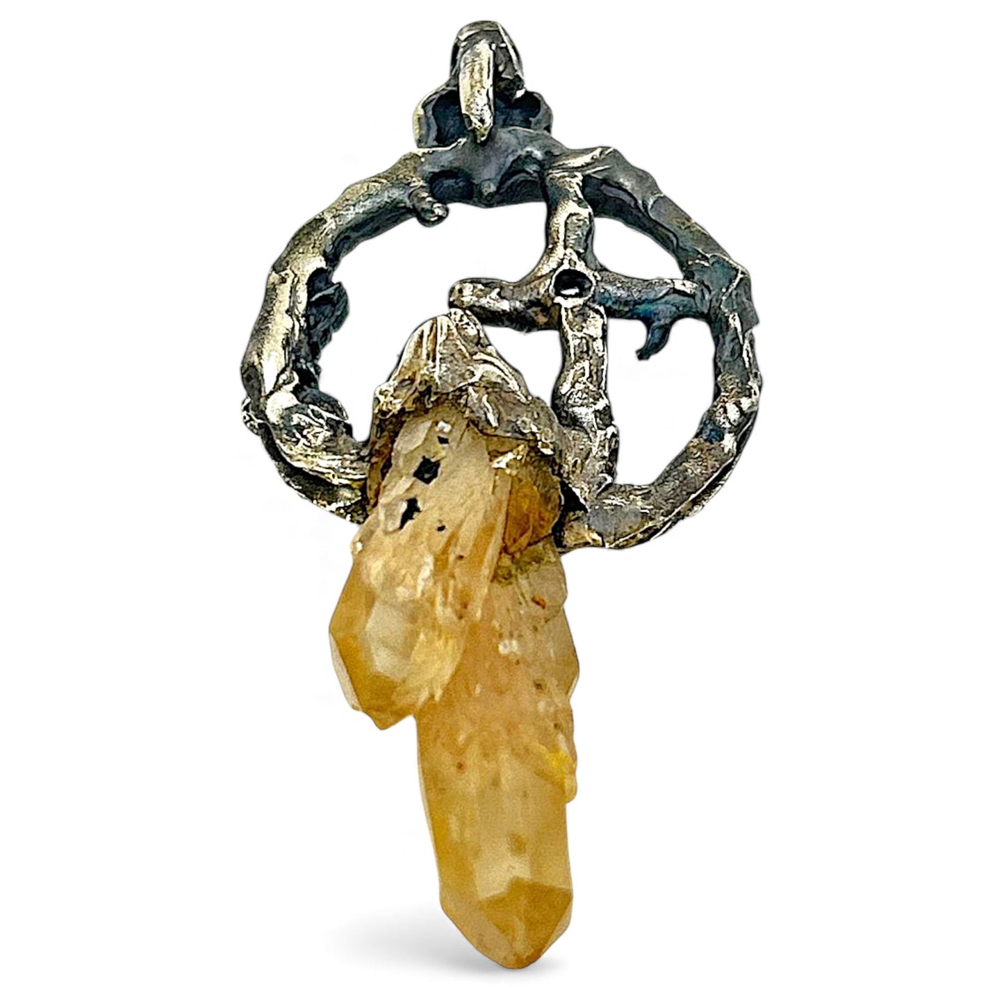 Pandantiv Gotic Argint 925 cu Cranii și Cuarț Natural Brut
