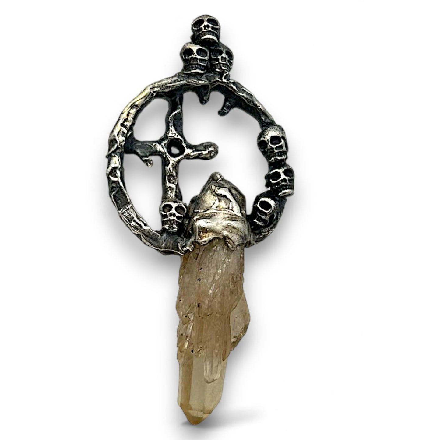 Pandantiv Gotic Argint 925 cu Cranii și Cuarț Natural Brut